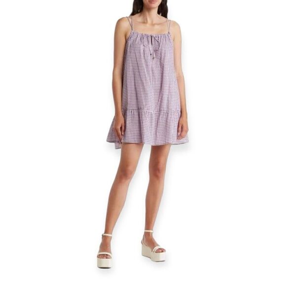 ANGIE Flounce Hem Minidress In Lilac Check Size Medium NEW - Picture 1 of 15